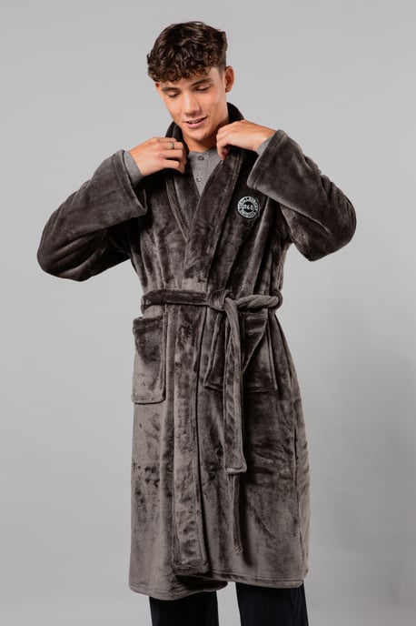 Dark Grey Plush Shawl Collar Dressing Gown