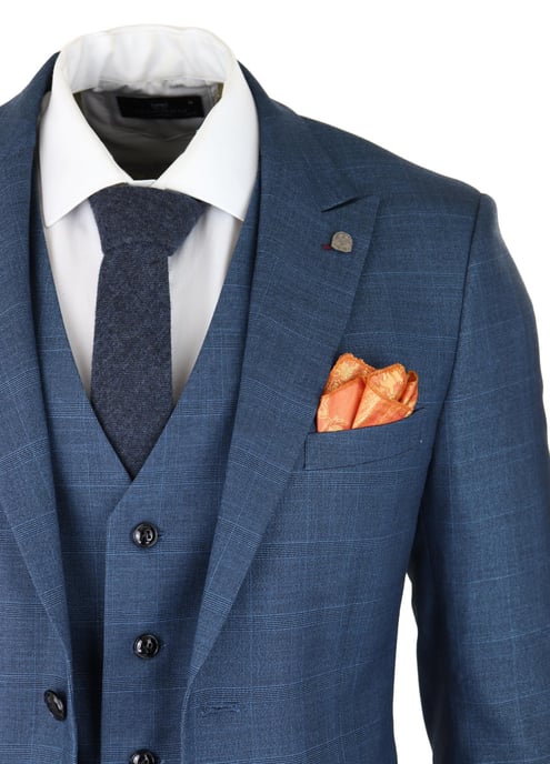 Mens 3 Piece Blue Suit Prince Of Wales Check Classic Light Tailored Fit Modern - Image 5