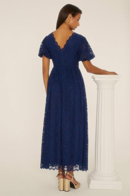 Lace Puff Sleeve V Neck Midaxi Dress