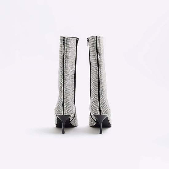 River Island Womens Calf Boots Silver Diamante Heeled