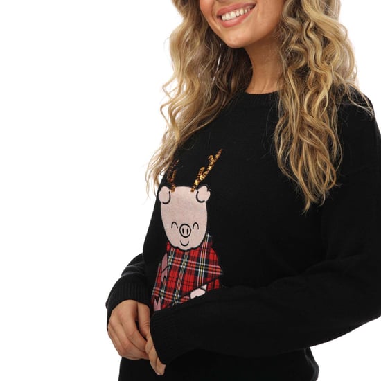 Women's Brave Soul Pig Christmas Jumper in Black