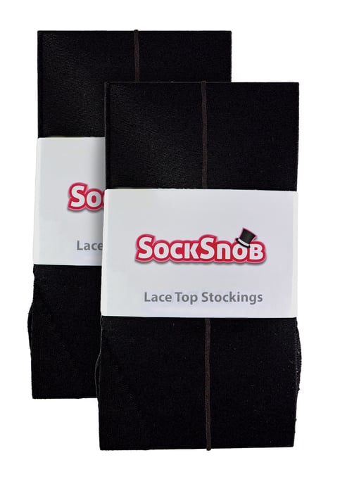2 Pair Multipack Women's Seamed Stockings with Lace Top | Sock Snob | Ladies Thigh High Stockings - Black / Black - Image 2
