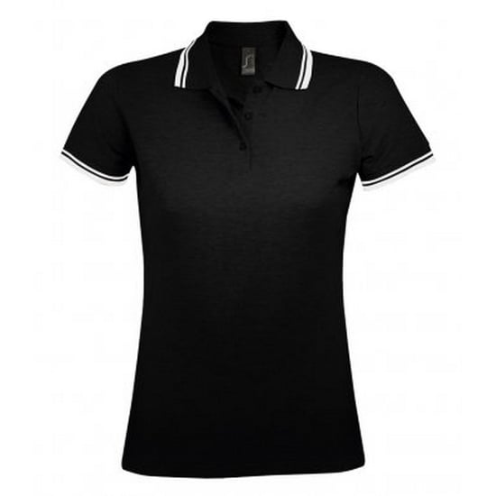 SOLS Womens/Ladies Pasadena Tipped Short Sleeve Pique Polo Shirt (Black/White) - Image 1