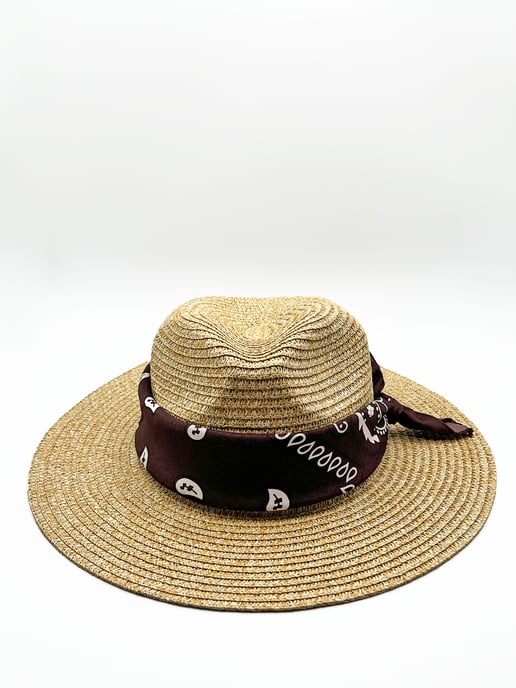 Straw fedora hat with bandana printed band in natural and dark oak