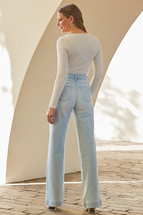 Light Wash Blue Denim Stretch Wide Leg Jeans