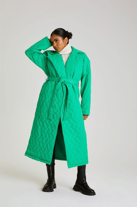 Green Longline Quilted Belted Jacket