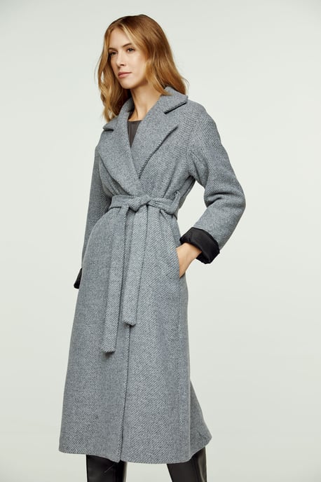 Woven Grey Melange Wool Winter Coat with Shawl Collar and Elegant Belt