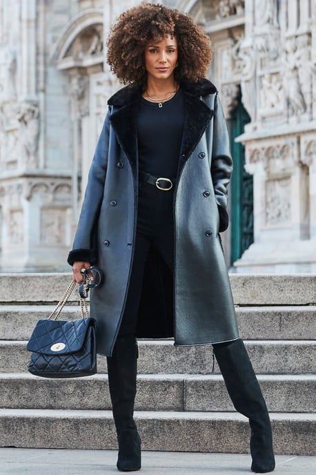 Black Premium Faux Shearling Trench Coat