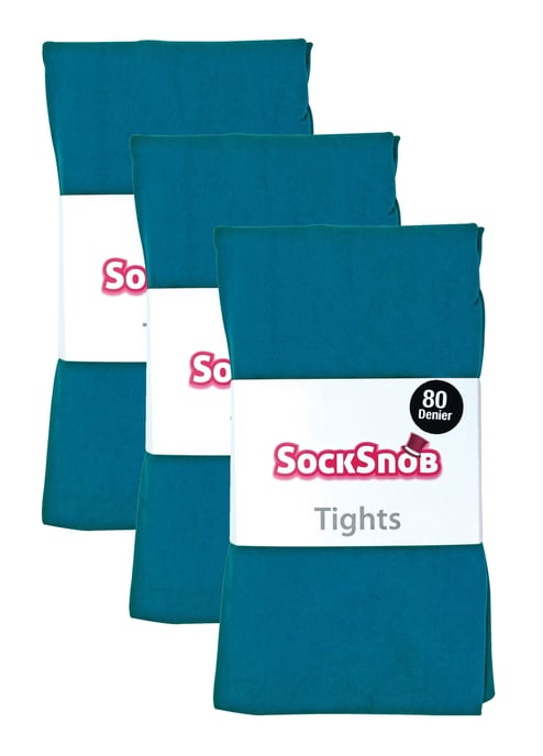 3 Pair Multipack Womens Coloured Opaque 80 Denier Tights | Sock Snob | Plain Block Colour Tights - Teal - Image 2