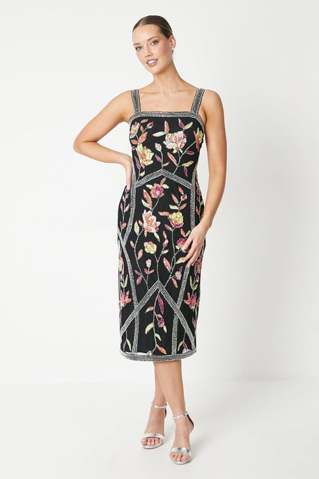 Hand Embellished Floral Panelled Midi Dress