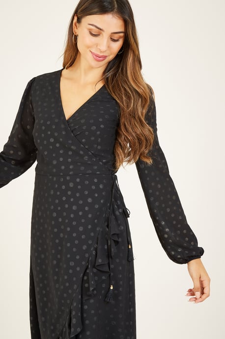 Yumi Black Spot Wrap Frill Dress