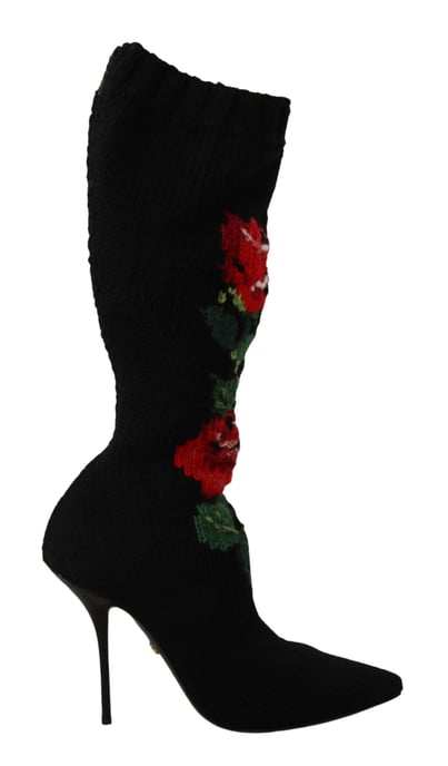 Dolce & Gabbana Zwarte Reksokken Rode Rozen Enkellaarsjes Dameschoenen - Image 1