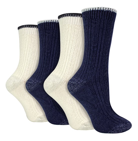 4 Pack Ladies Cable Knit Socks | Wildfeet | Lurex Glitter Socks for Women - Blue/Cream - Image 1
