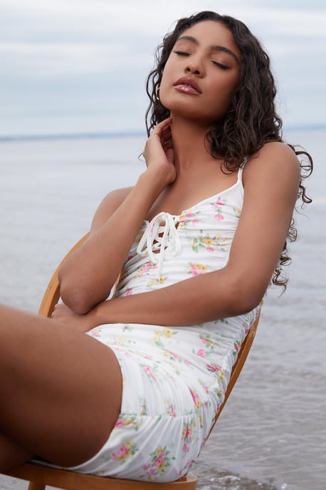 White Ditsy Floral Ruched Mini Dress