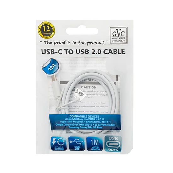 GVC USB to Type C Data Cable for Syncing & Charging, 1 Metre - White