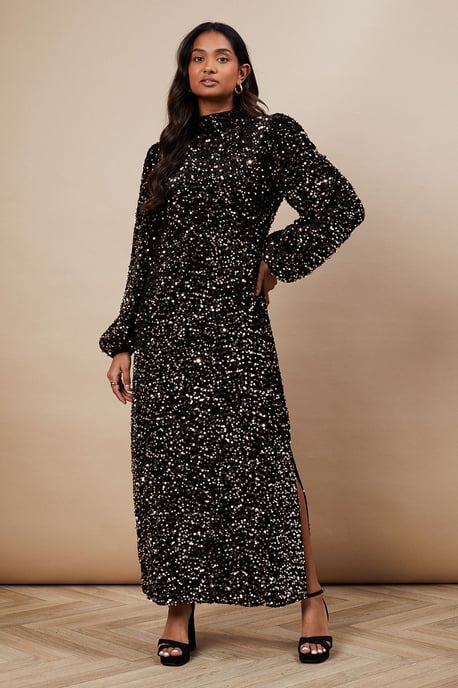 Occasion Velvet Sequin High Neck Midi Dress - Image 1