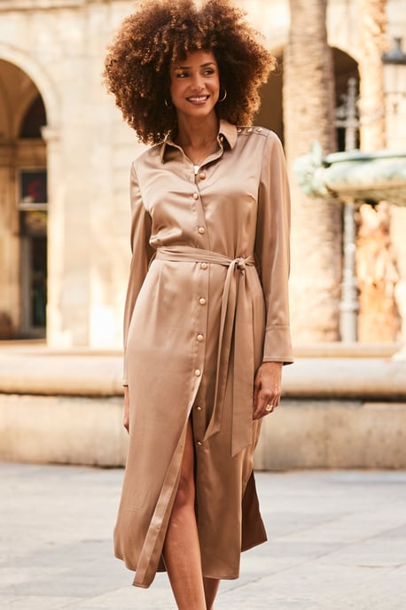Camel Satin Belted Midi Shirt Dress