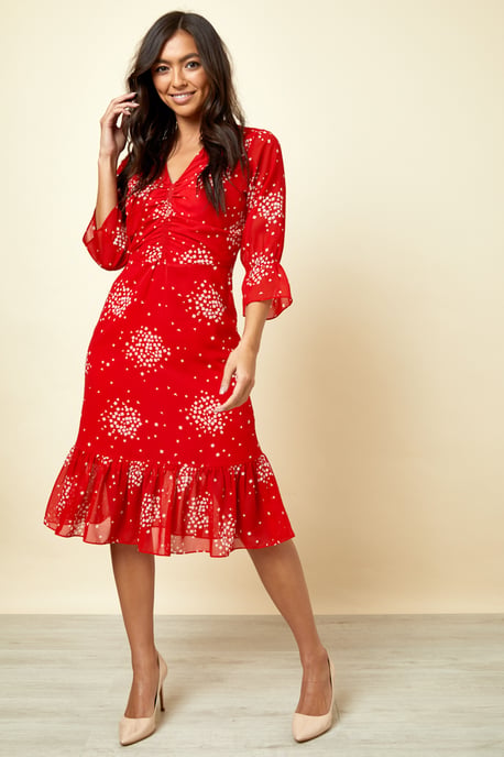 Red & White Constellation Print Fit & Flare Dress