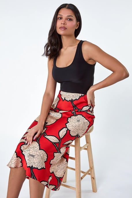 Floral Satin Bias Cut Midi Elastic Waist Skirt