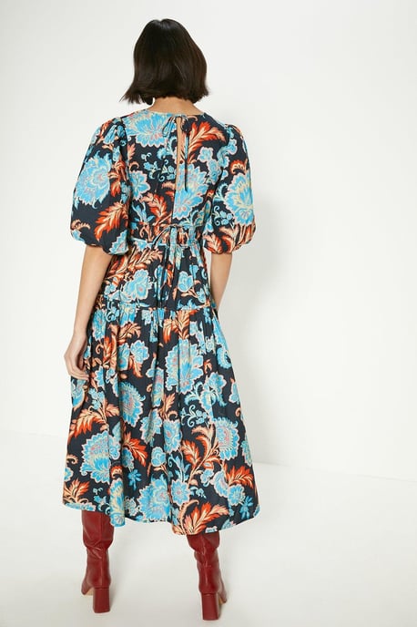 Detailed Pintuck Puff Sleeve Cotton Poplin Midi Dress