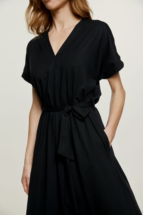 Black Jersey Belted Midi Dress