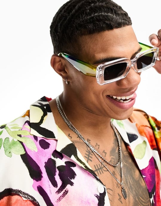 ASOS DESIGN oversized rectangle sunglasses with bevelled frame and smoke lens in crystal with lime spray-Clear