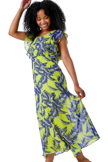 Petite Tropical Print Frill Sleeve Midi Dress