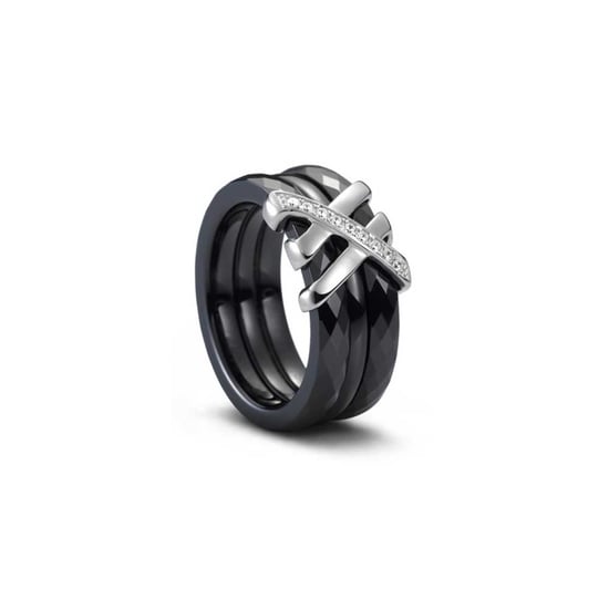 Silver, Black Ceramic and White Cubic Zirconia Ring