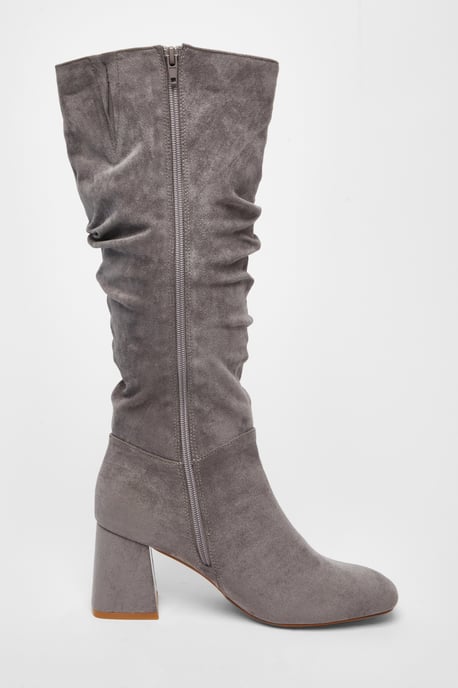 Grey Faux Suede Ruched Heeled Boots