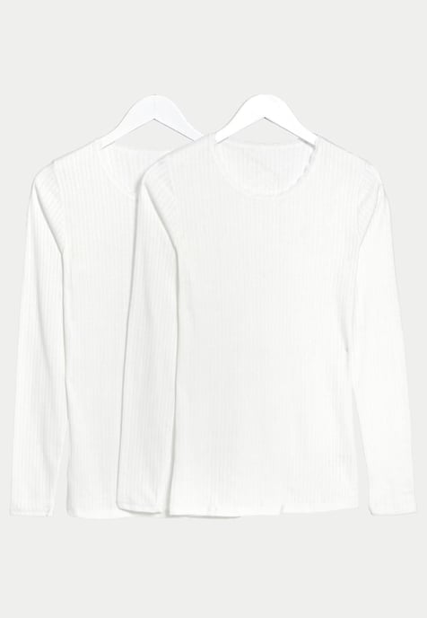 M&S Womens Pack of 2 Thermal Pointelle Long Sleeve Tops in White - Image 1
