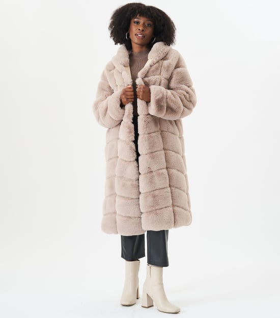 Panelled Hooded Longline Fur Coat