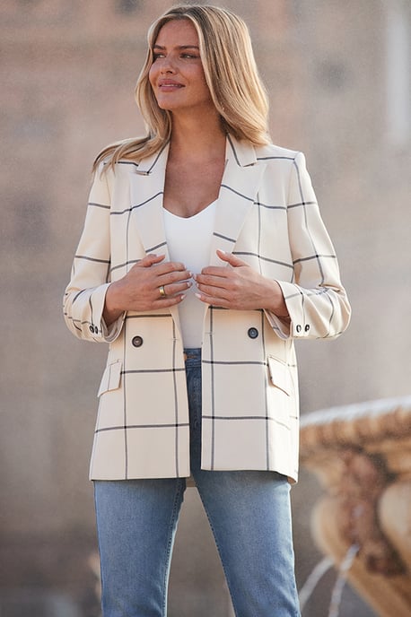 Ivory Check Double Breasted Longline Blazer