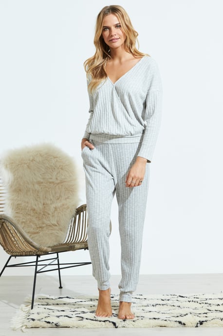 Light Grey Knitted Rib Wrap Front Loungewear Top