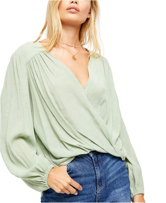 Free People Women's Blouse Green Check On It Textured Wrap