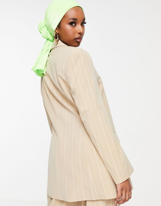 ASOS DESIGN asymetric suit blazer in pinstripe camel-Blonde