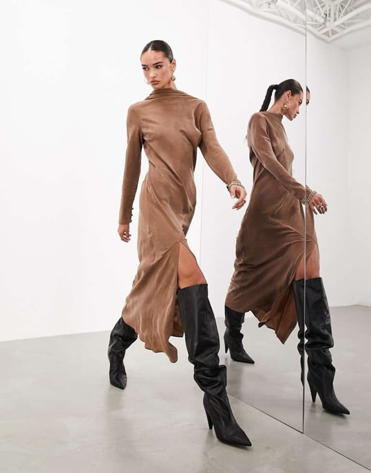 ASOS EDITION long sleeve high neck maxi dress in brown-Black ASOS EDITION long sleeve high neck maxi dress in brown-Black