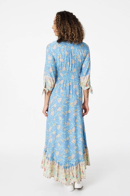 Blue Floral 3/4 Tie Sleeve Maxi Dress