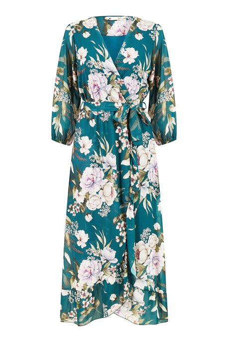 Teal Floral Wrap Midi Dress With Frill