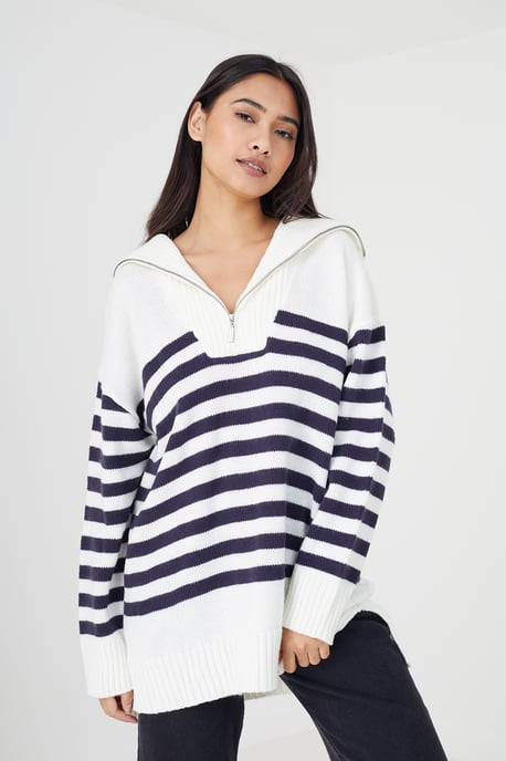 Ivory 'Fashion' Striped Oversized 1/2 Zip Knitted Jumper