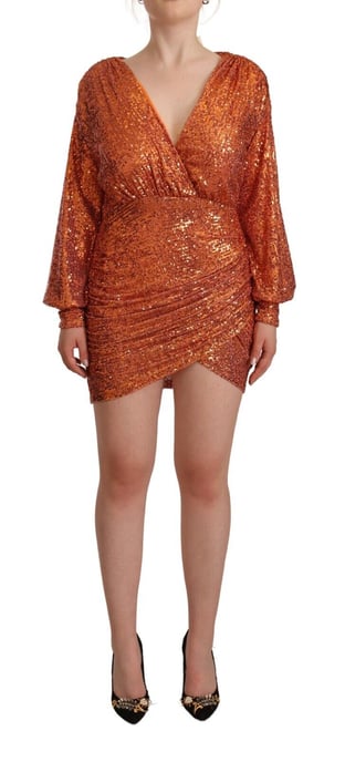 Aniye By Vrouwen Oranje Pailletten Lange Mouwen Mini Sheath Wrap Dress - Image 1