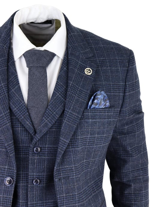 Mens Blue Check 3 Piece Tweed Suit Peaky Blinders 1920s Gatsby Tailored Fit - Image 5