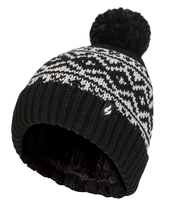Ladies Patterned Turnover Bobble Hat | Heat Holders | Chunky Cable Knit with Heatweaver Fleece Lining | Billingen Style - Black - Image 1
