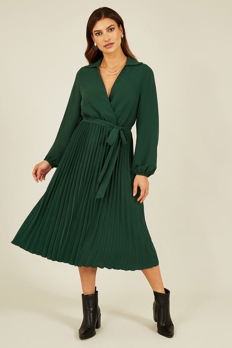 Green Long Sleeve Pleated Dress