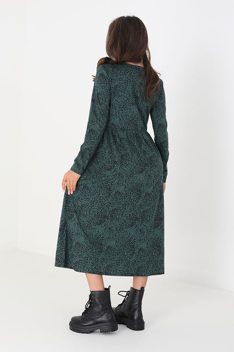Green Cotton 'Mistie' Animal Print Long Sleeve Midi Smock Dress