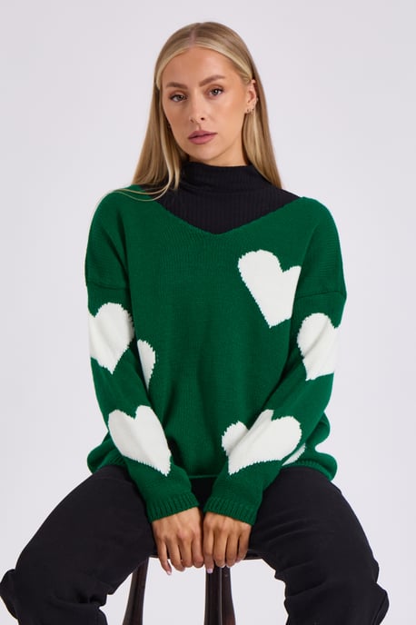 Green V Neck Oversized Heart Knit Jumper