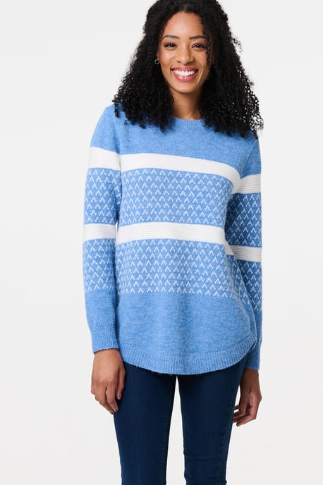 Blue Stripe Print Relaxed Curve Hem Jumper