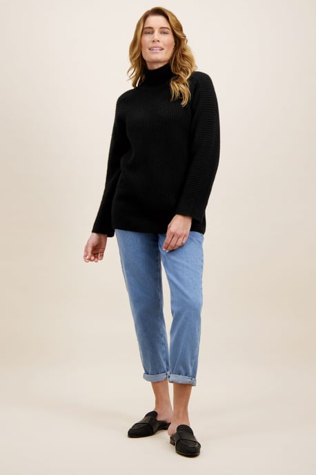 Ribbed Cashmere Funnel Neck Sweater in Black