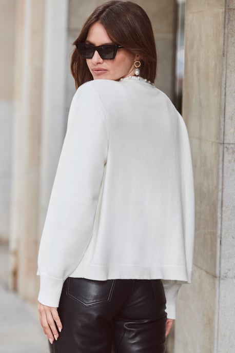 Ivory Pearl Embellished Trim Cardigan - Image 4