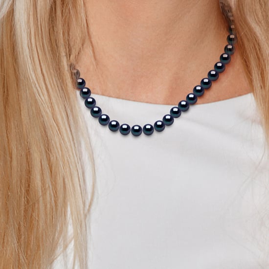 DIADEMA - Necklace - Real Freshwater Pearls - Black Tahitian Style - Yellow Gold