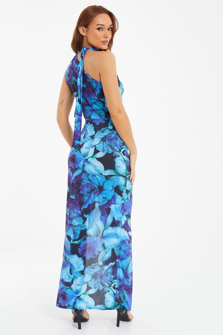 Blue Floral Asymmetric Maxi Dress